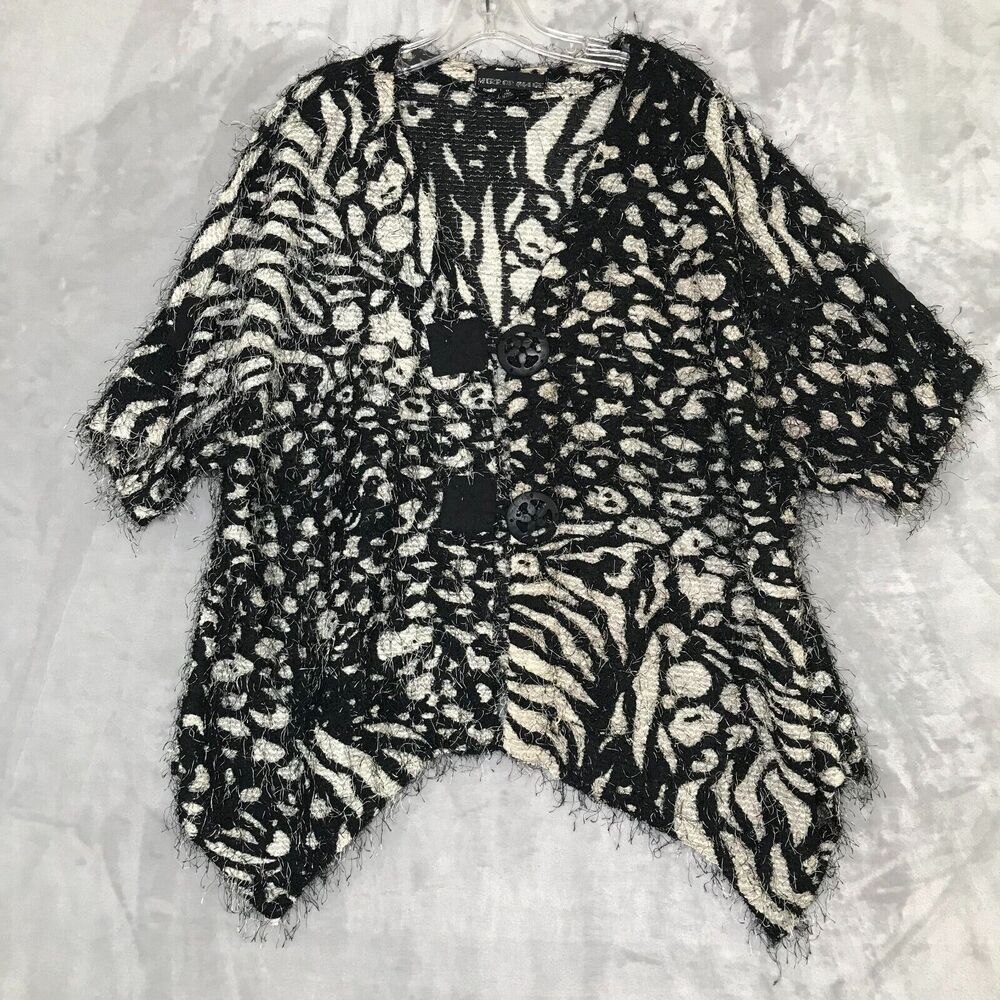 Mirror Image Cardigan Womens 1X Black Ivory Eyelash Knit Button Langenlook Artsy